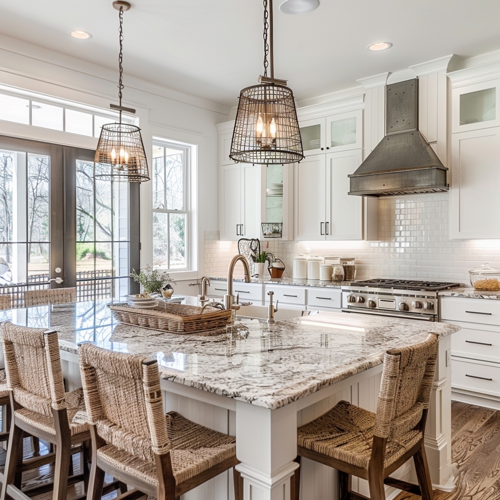 A bright and inviting kitchen with white cabinetry and a large island featuring a granite countertop. The island has seating with wicker chairs, and pendant lights with a basket-like design hang above. The kitchen is equipped with a stainless steel range and hood, and large windows allow natural light to flood the space.