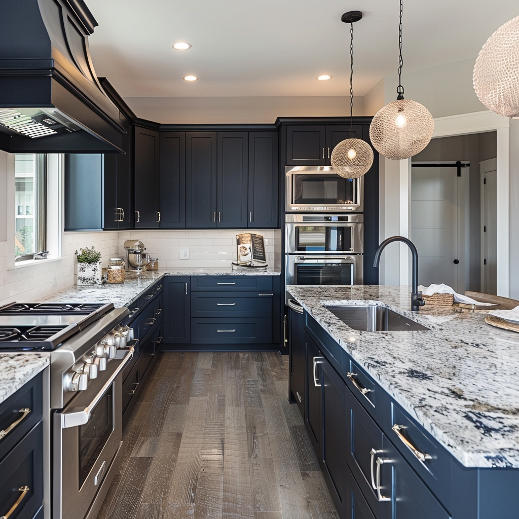 A stylish kitchen with navy blue cabinets and white granite countertops. The kitchen features stainless steel appliances, including a range, oven, and microwave. Three spherical pendant lights hang above the island, which also has a sink and seating area. The backsplash is white subway tiles, complementing the dark cabinetry.