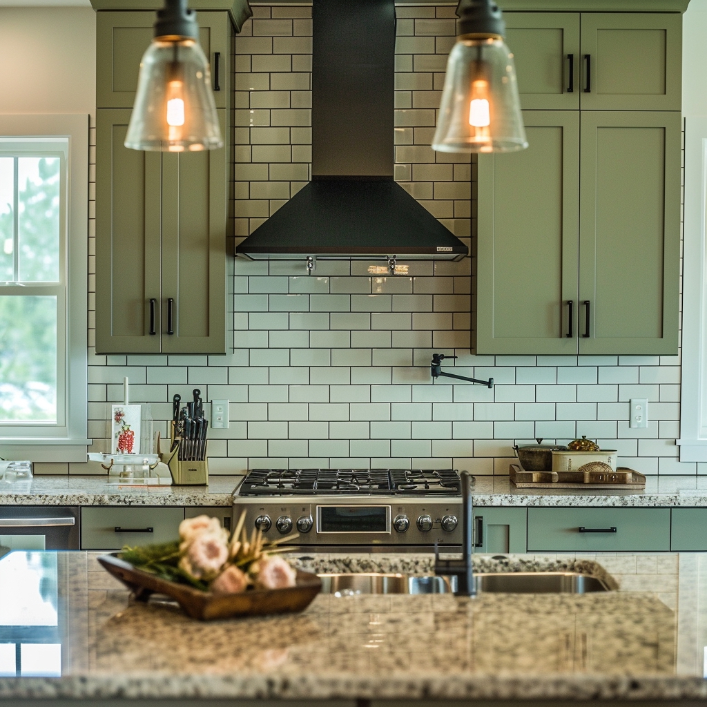 A modern kitchen with olive green cabinets and a black range hood. The backsplash is white subway tiles, and the countertops are speckled granite. Pendant lights with exposed bulbs hang above the kitchen island, adding a warm touch. The kitchen has a sleek and functional design, with a knife block and decorative tray on the counter.