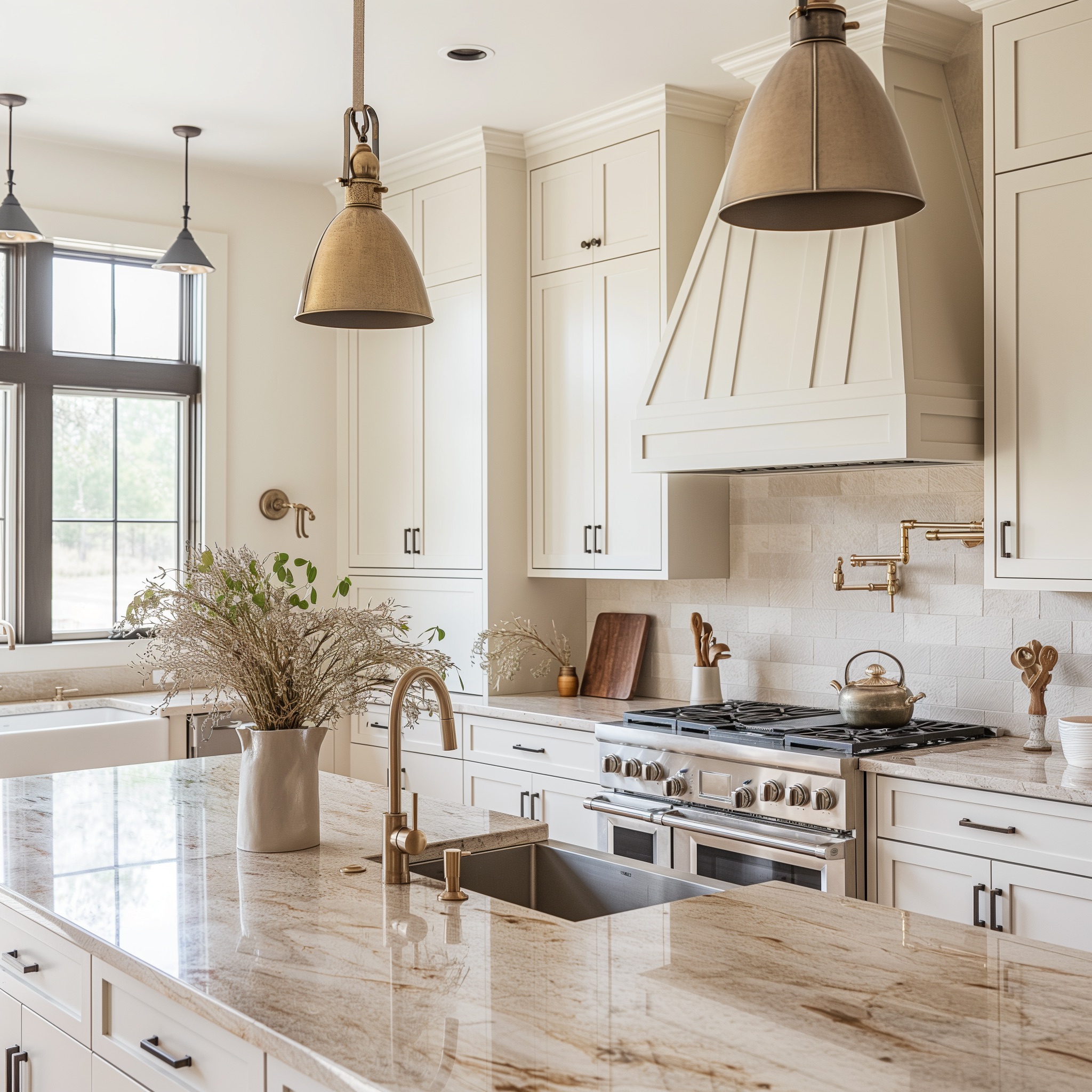 A bright and airy kitchen with off-white cabinetry and a large island featuring a polished granite countertop. Pendant lights hang above the island, and a farmhouse sink is positioned under a large window. The kitchen is equipped with a stainless steel range and a matching hood, with decorative items like a vase with dried flowers on the counter.