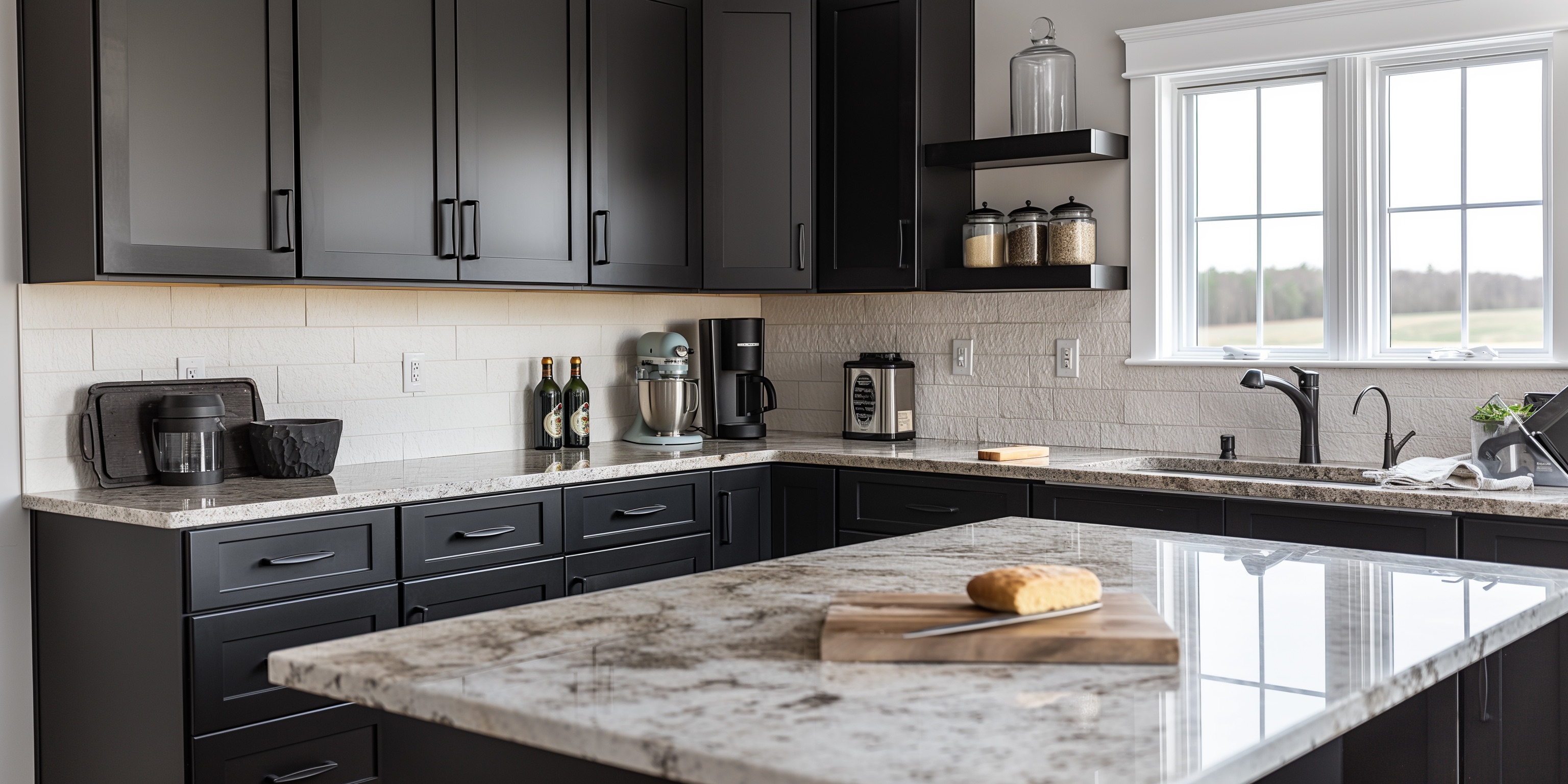 A modern kitchen with black cabinetry and speckled granite countertops. The backsplash is white textured tiles, and the kitchen features a variety of small appliances, including a stand mixer and coffee maker. Large windows provide ample natural light, and the island includes additional counter space and storage.