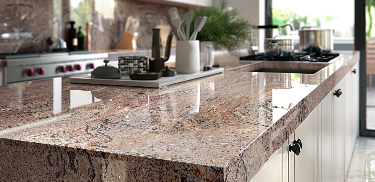 A modern kitchen featuring a large island with a polished cream granite countertop that has intricate natural patterns. The island includes white cabinetry with black knobs. The kitchen is equipped with a stainless steel gas stove and various kitchen utensils, plants, and decor items on the counter. The room is brightly lit with natural light coming through large windows in the background, creating a warm and inviting atmosphere.